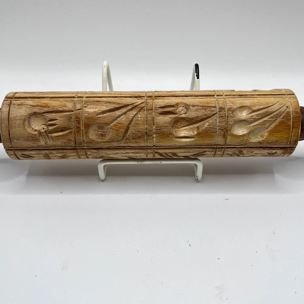 Vintage Hand Carved Wooden Springerle Rolling Pin Folk Art Cookie Mold Press